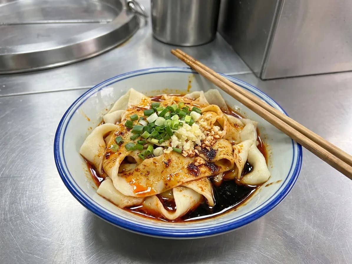 A hand-torn noodle dish in a shallow bowl with chilli oil