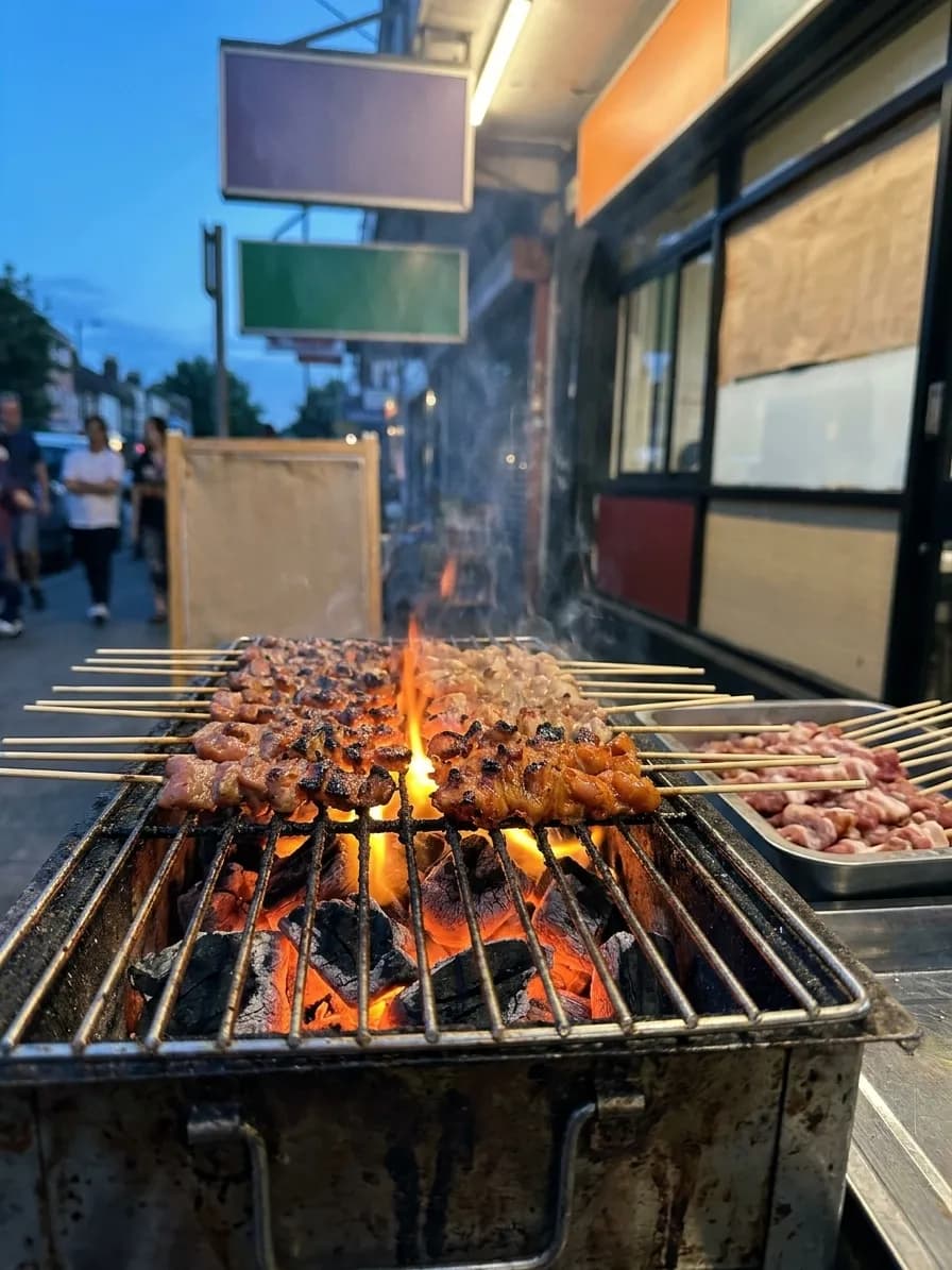 Grilled skewers of meat over charcoal on a small street grill