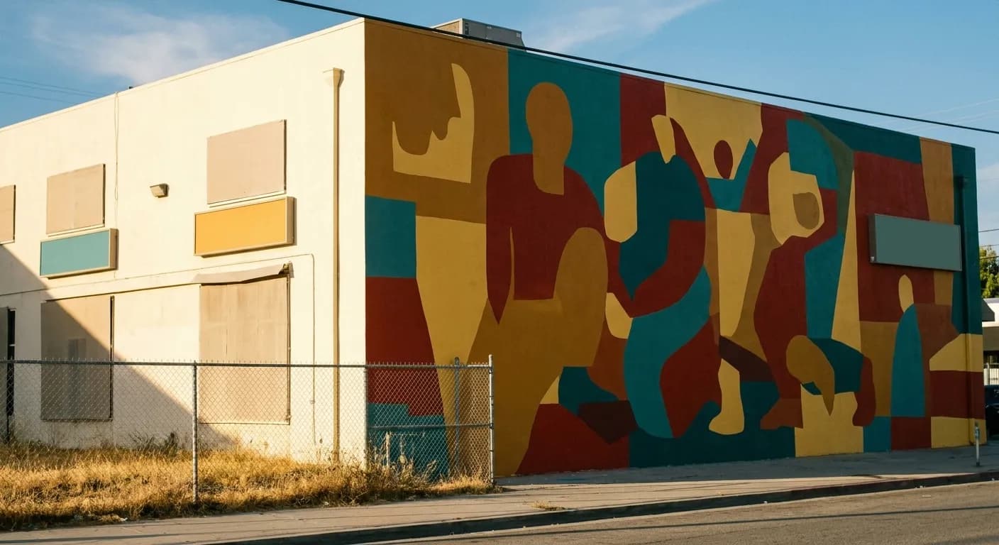 A large painted mural covering the side wall of a low building