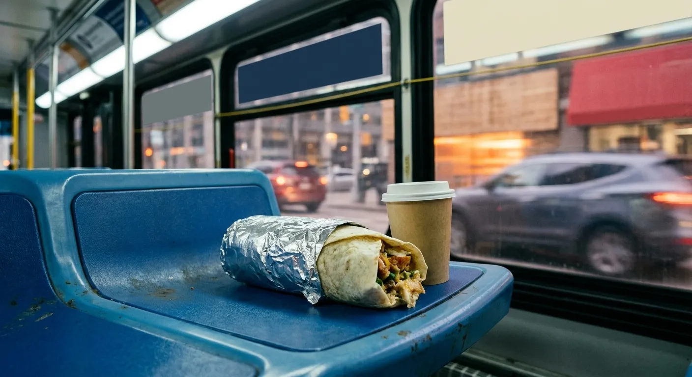 A foil-wrapped burrito and a coffee cup on a moulded train seat