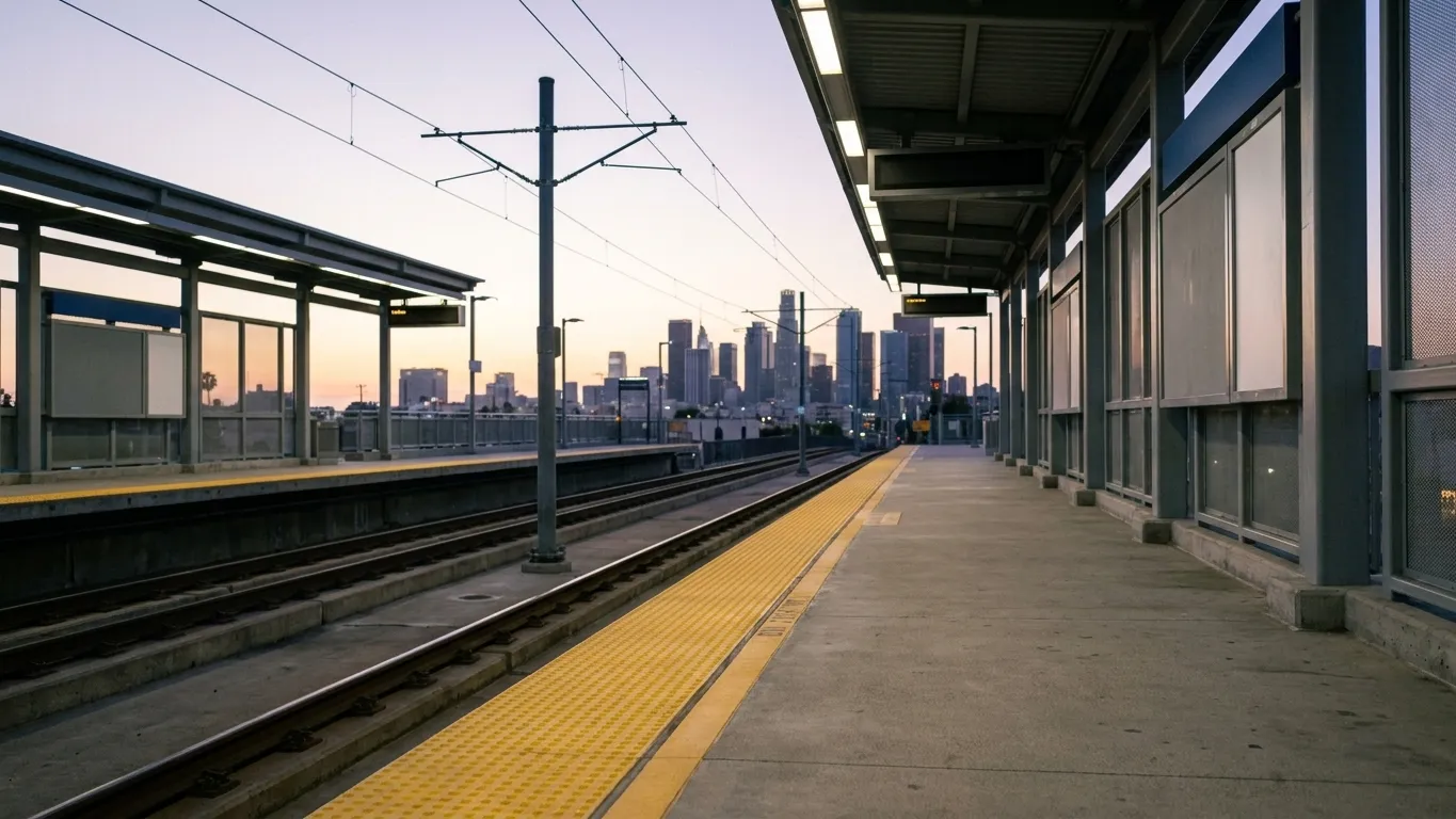 A light rail platform with the city skyline visible beyond the tracks