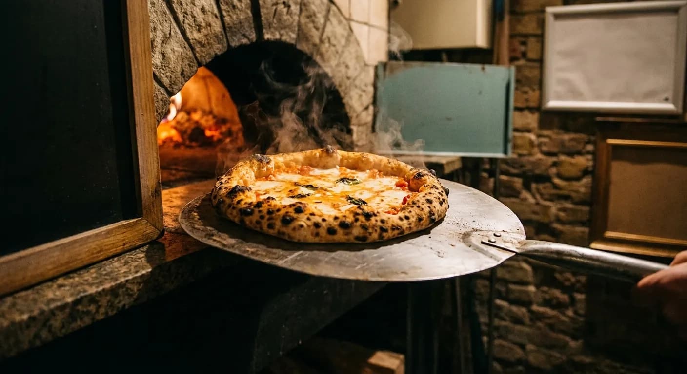 A finished pizza on a metal peel being lifted from an oven