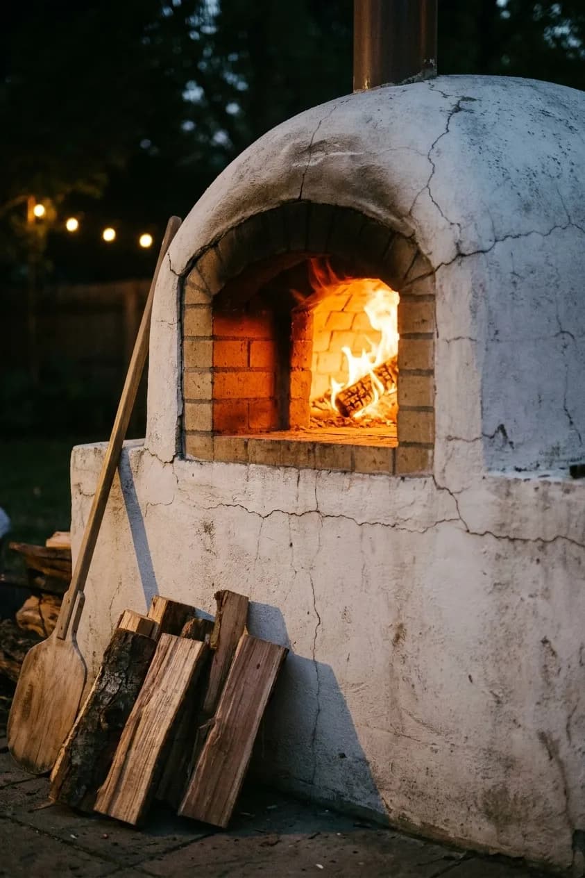 A domed wood-fired oven with its mouth glowing in a yard at dusk