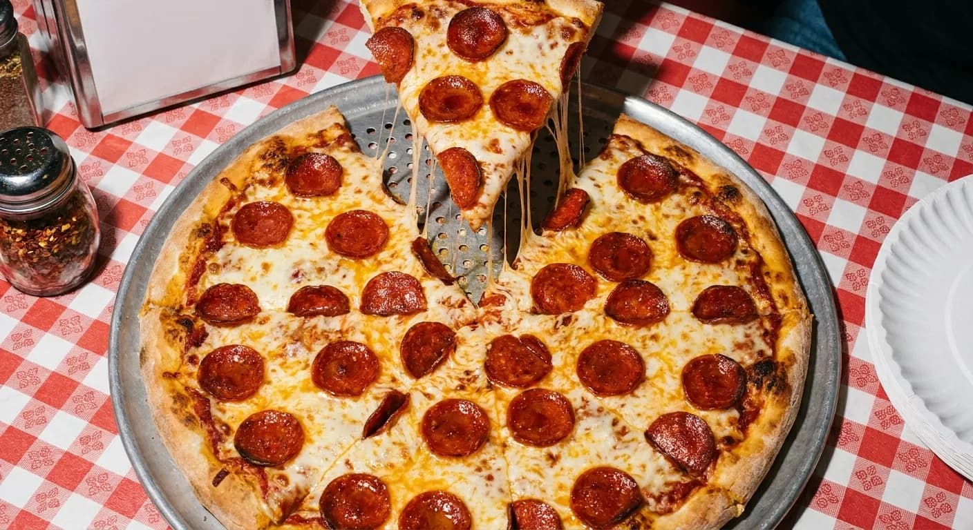 A large pizza on a metal tray with a slice being lifted away
