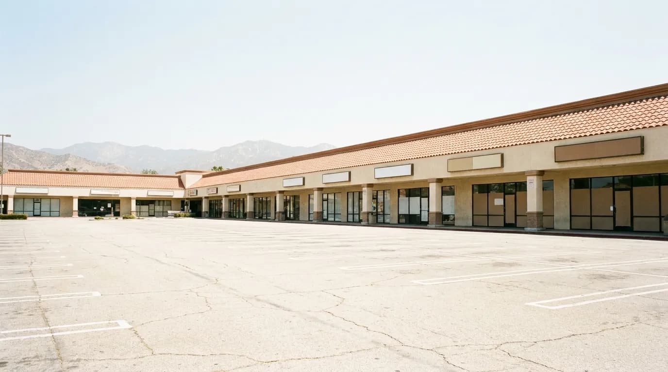 A wide car park in front of a low row of shopfronts under a bright sky