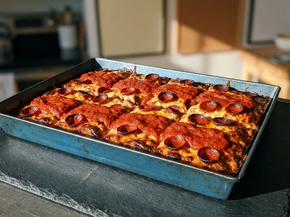 A rectangular pizza in a blue steel pan with caramelised cheese at the edges