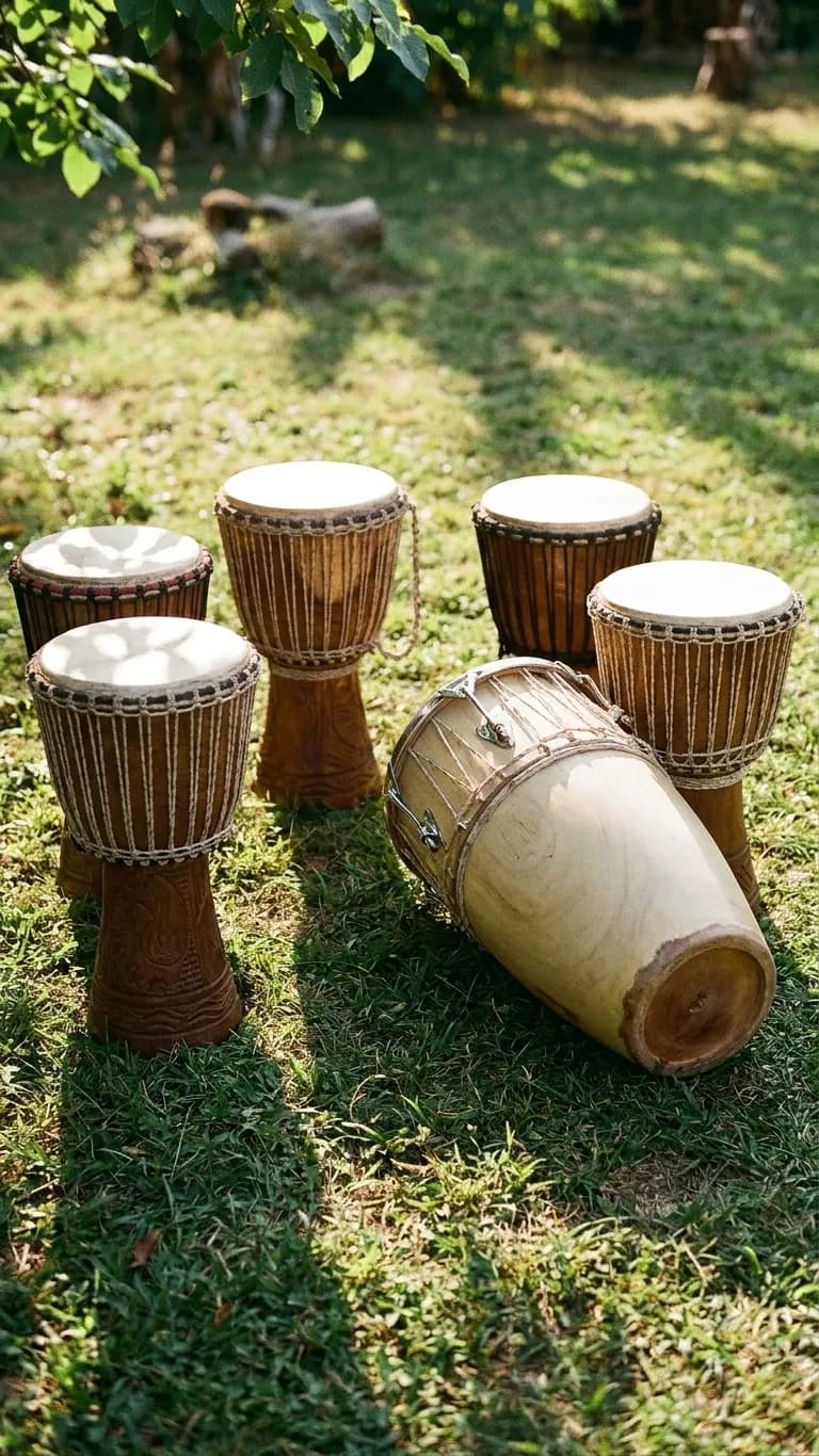 Hand drums arranged in a circle on grass in dappled shade