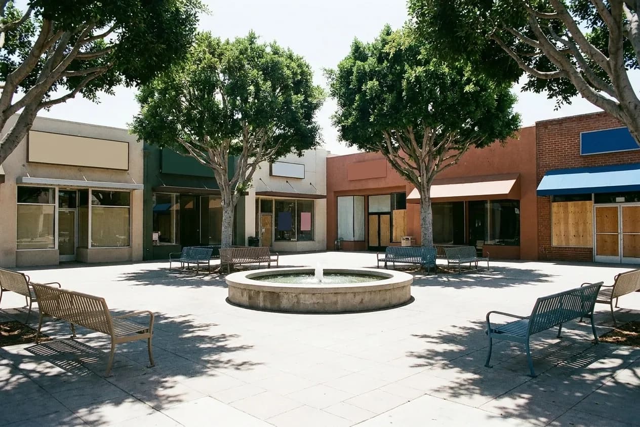 A small triangular public plaza with mature trees and low buildings around it