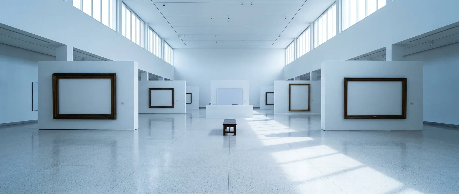 A large cool museum interior with polished floors and high ceilings
