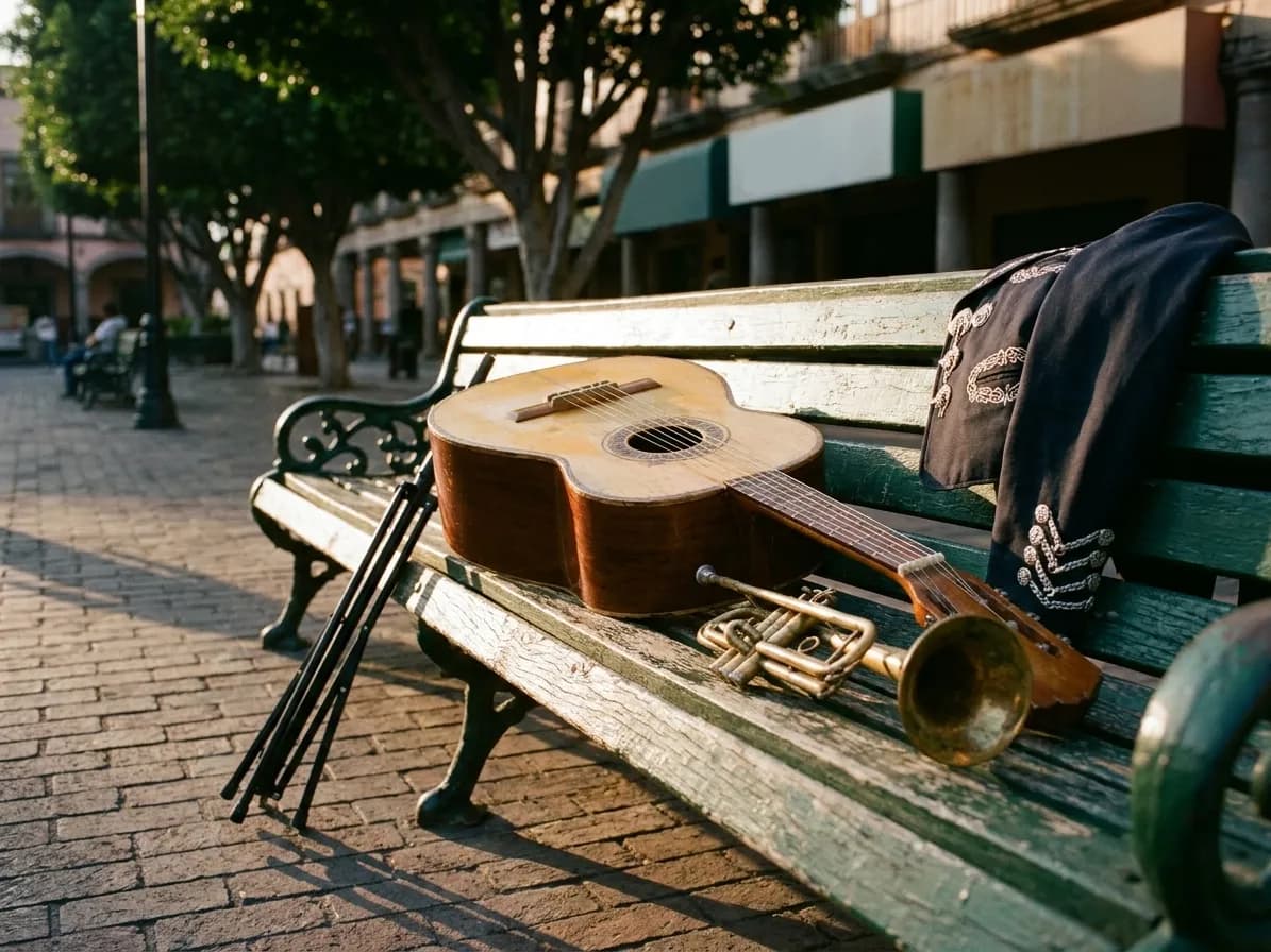A bajo sexto and a trumpet resting on a bench beside a folded music stand