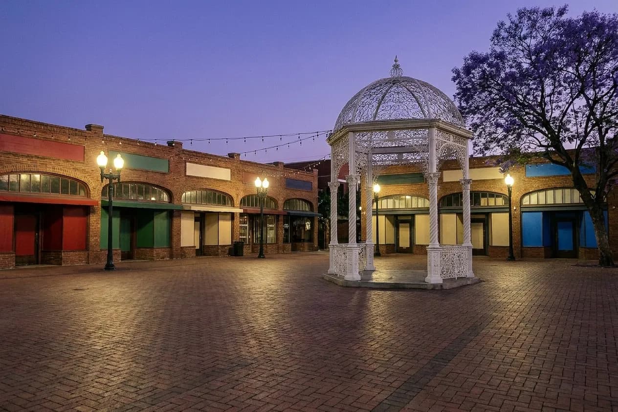 A small public plaza with a covered kiosk and low buildings around it