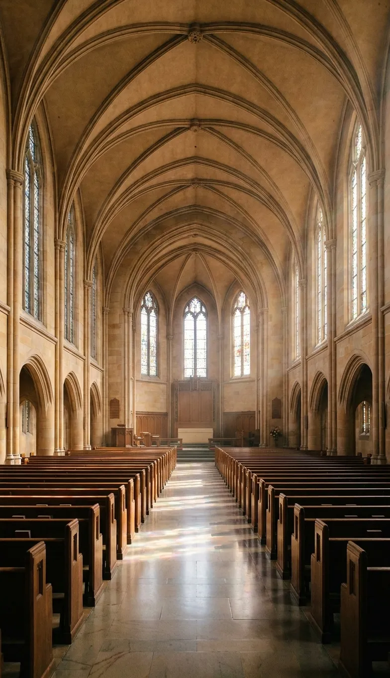 A high vaulted interior with tall windows and rows of wooden seating