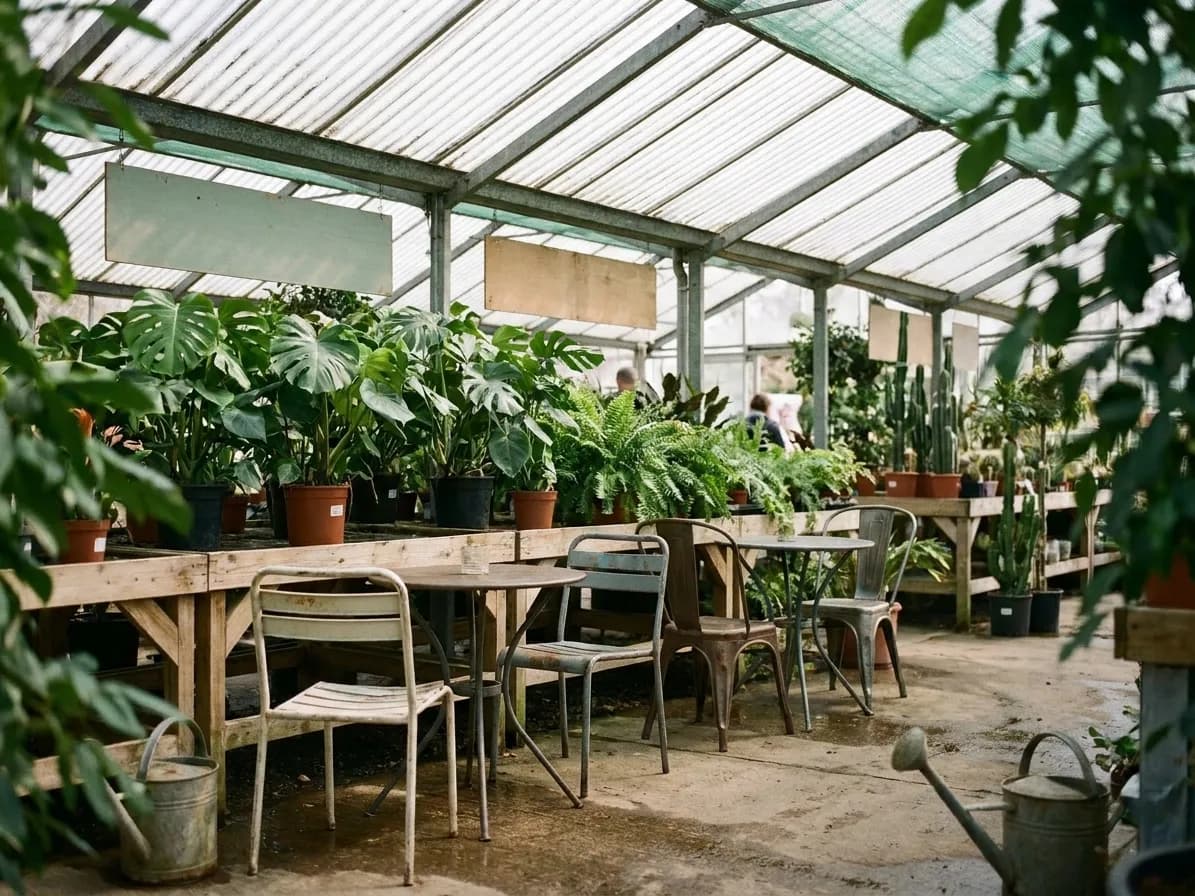 Small tables among potted plants under a translucent roof