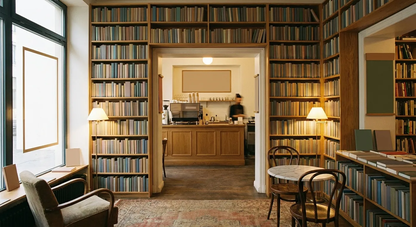 A coffee counter set among tall shelves of books