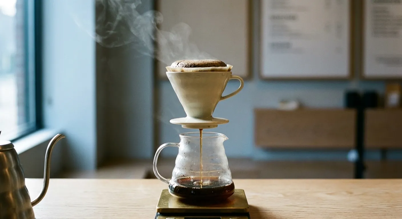 A pour-over cone dripping into a glass carafe on a wooden counter