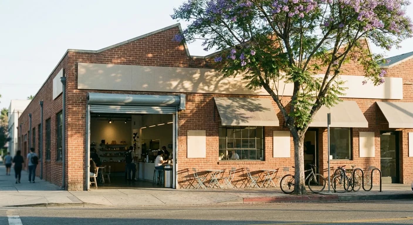 A low industrial-looking building with a wide roll-up frontage and outdoor tables