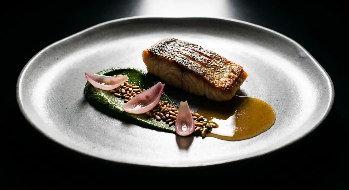 A small composed dish on a ceramic plate under directed light