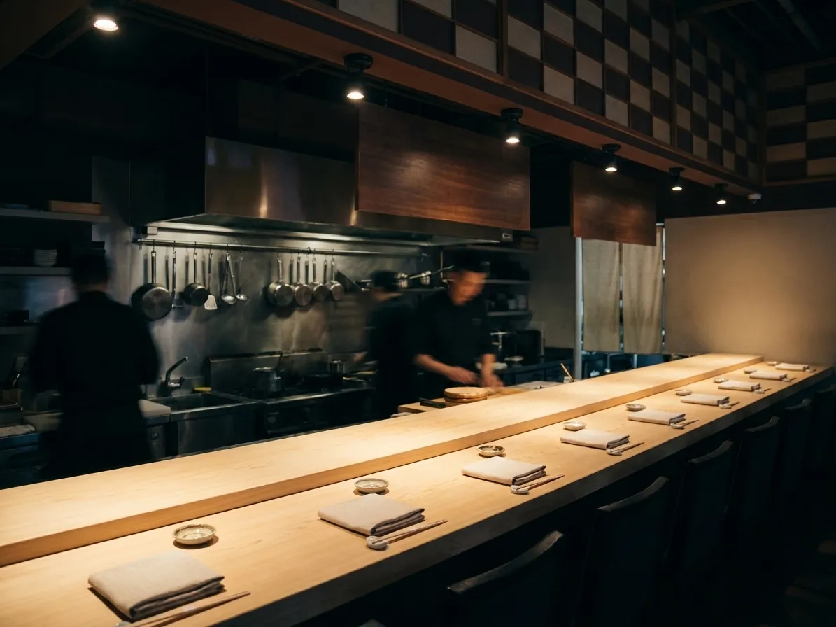 A narrow chef's counter with a row of place settings facing an open kitchen