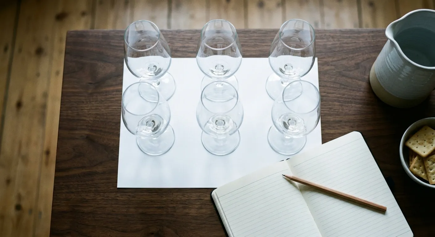 A row of glasses and an open notebook set out for a seated tasting