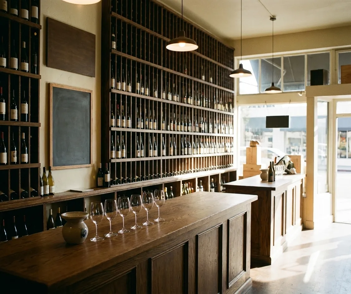 A wine shop interior with wooden racking and a tasting counter at the front