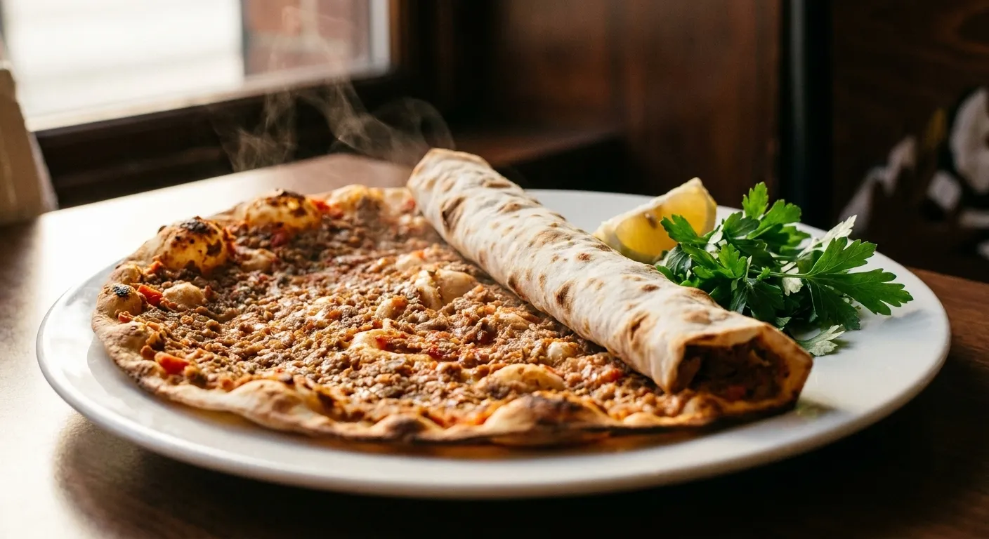 A thin round flatbread topped with spiced minced lamb, rolled at one edge