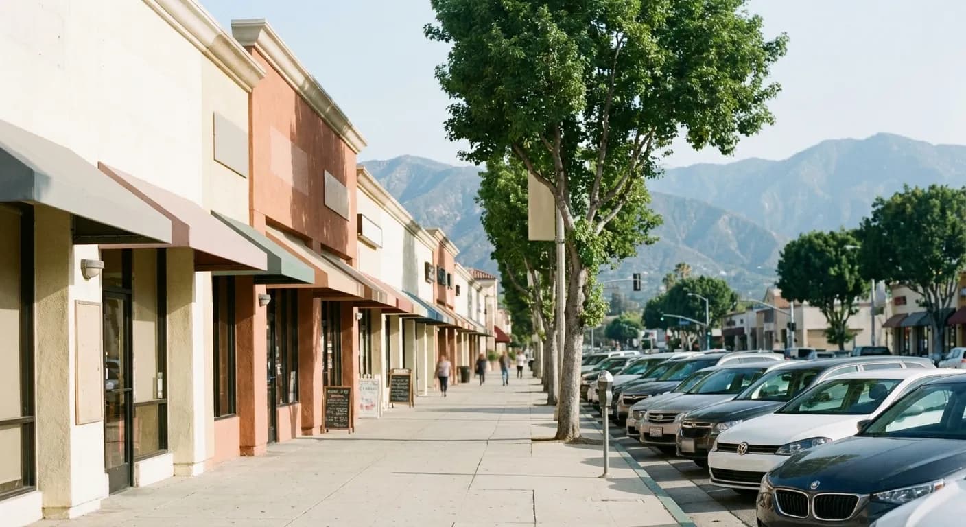 A row of shopfronts on a wide boulevard with plain awnings and parked cars
