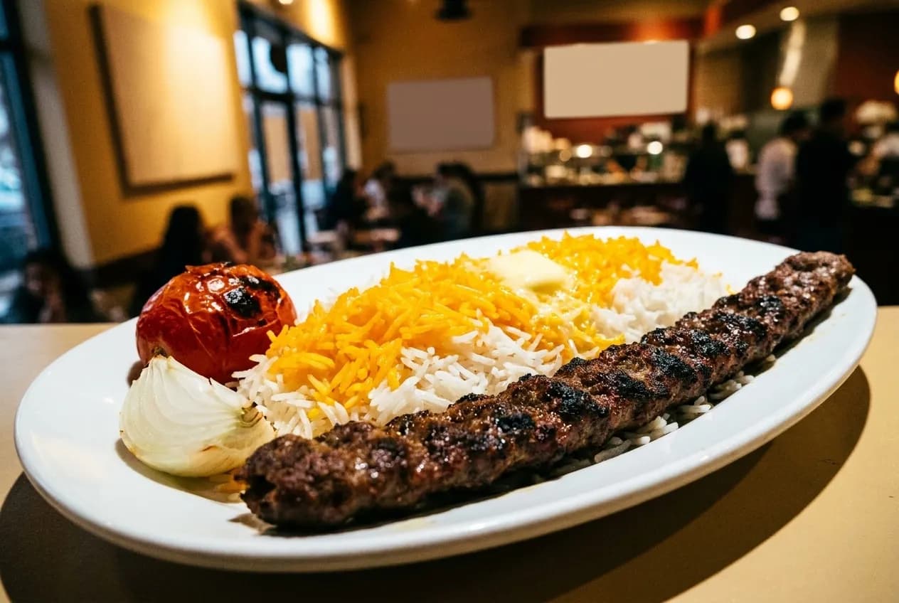 A plate of saffron rice with a grilled skewer of minced meat and a charred tomato