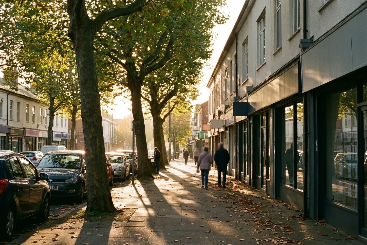 A wide boulevard of low storefronts with plane trees along the pavement