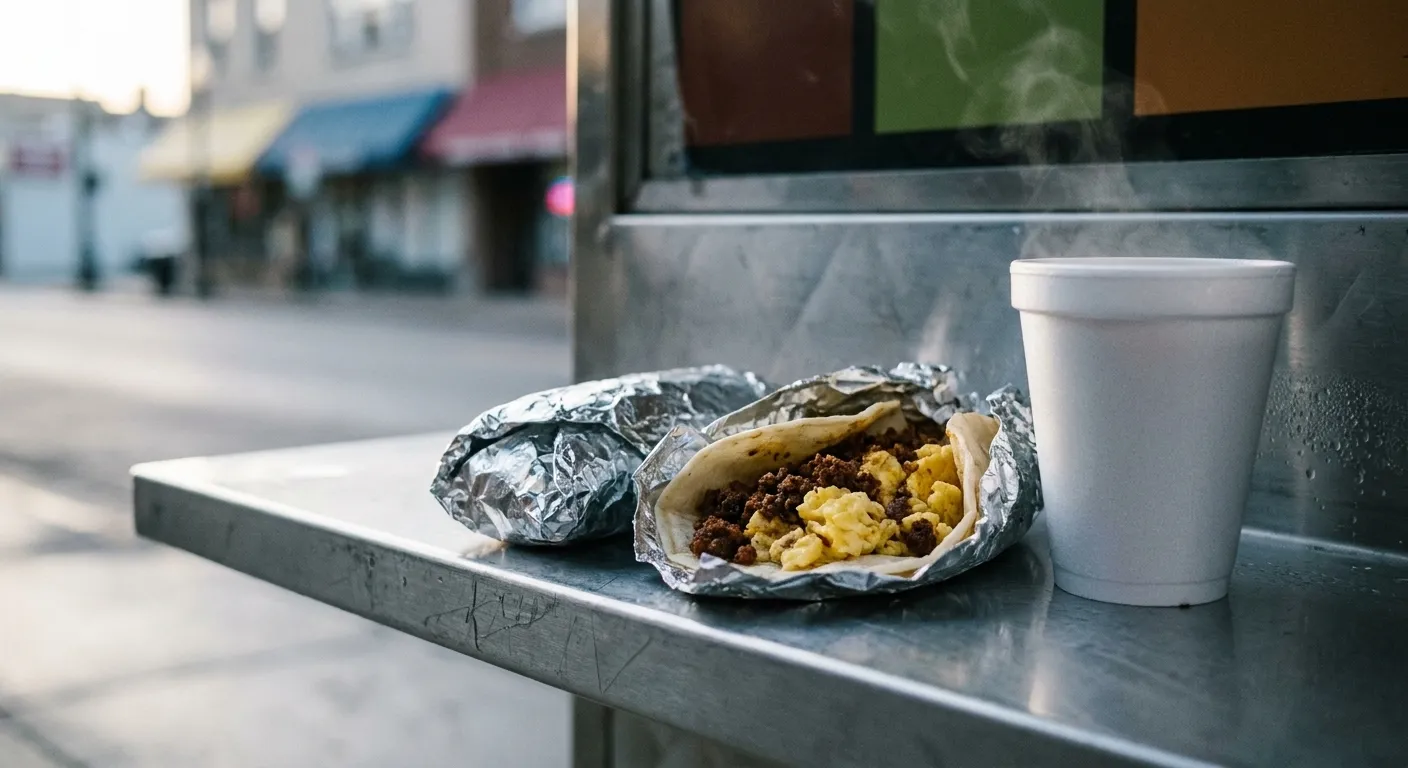 A styrofoam cup of coffee beside two foil-wrapped tacos on a cart ledge