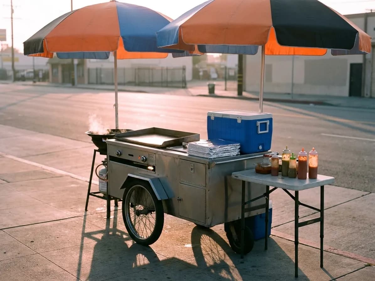 A small food cart with a griddle set up on a wide pavement at dawn