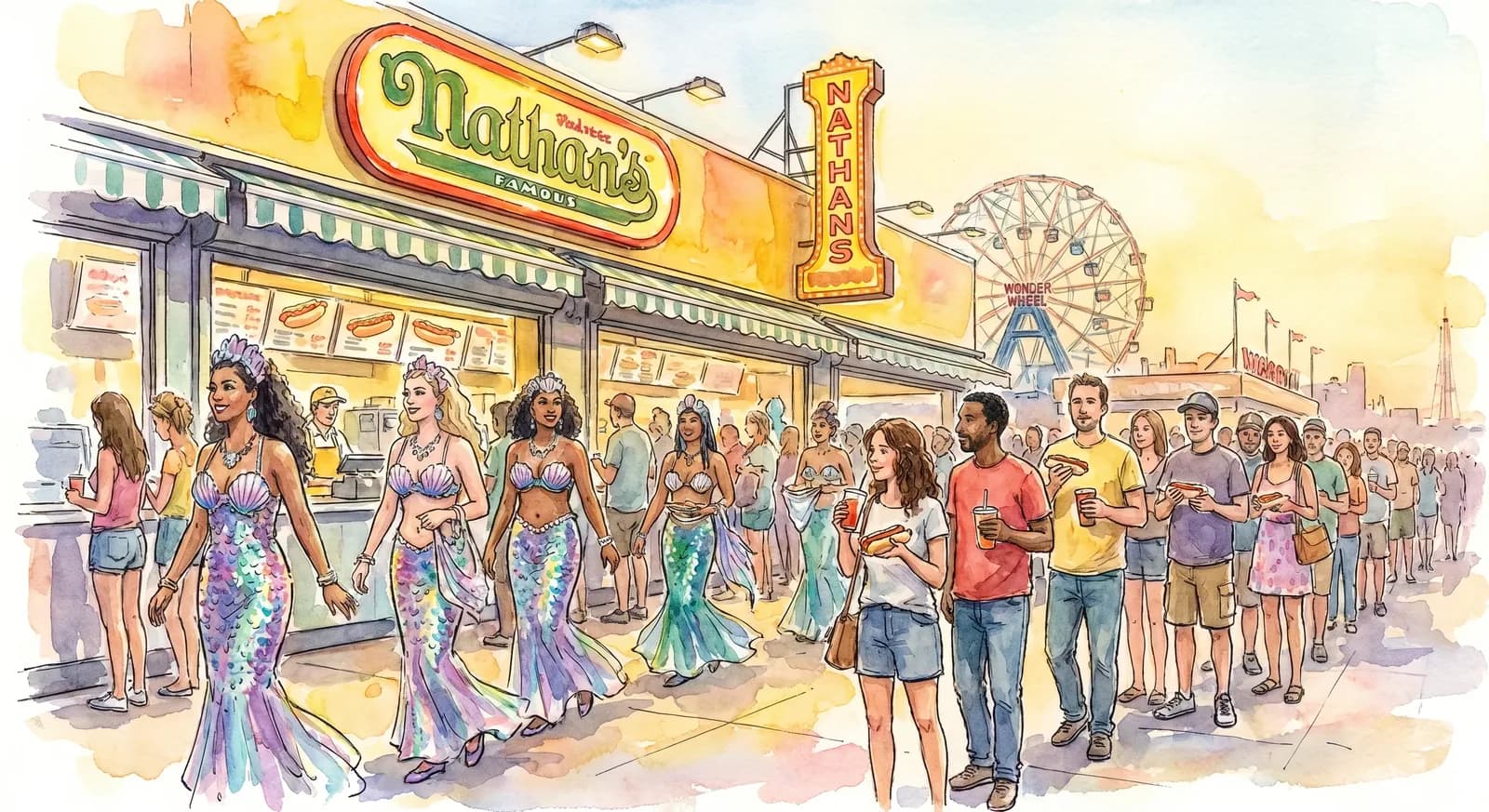 AI-generated watercolor: the corner of Surf and Stillwell on Mermaid Parade Saturday, the Nathan's Famous yellow-and-red stand mid-frame, costumed mermaids walking past, the Wonder Wheel in the distance