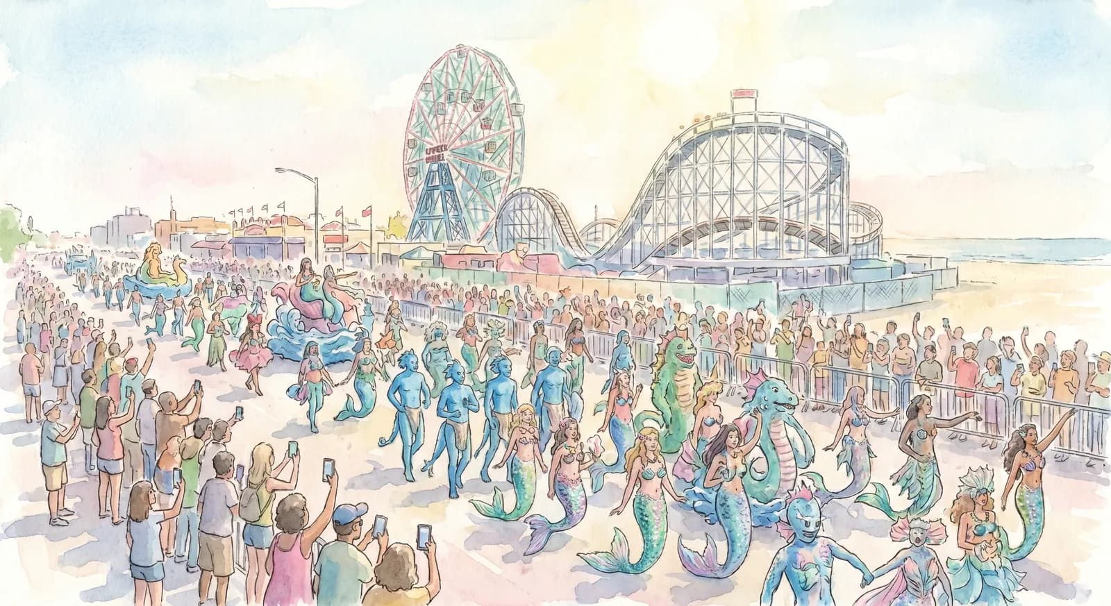 AI-generated watercolor: the Coney Island Mermaid Parade procession on Surf Avenue Brooklyn, hundreds of costumed mermaids and sea creatures, the Wonder Wheel and Cyclone in the background, sun-bleached summer light