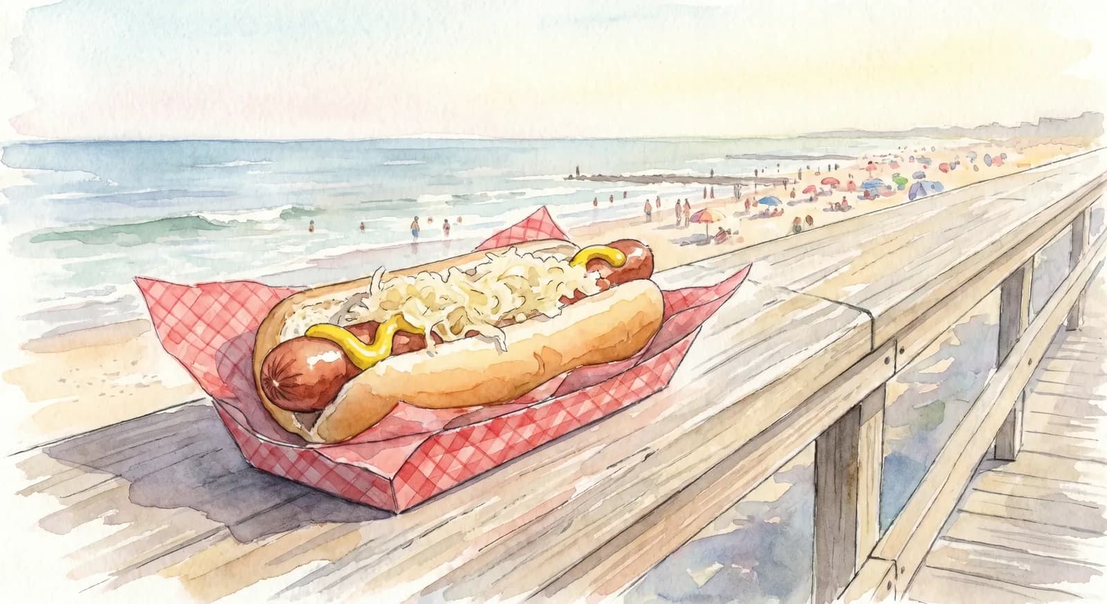 AI-generated watercolor: a single classic Nathan's Famous beef hot dog with yellow mustard and sauerkraut on the wooden Coney Island boardwalk railing, the Atlantic Ocean and a hazy summer beach in the background