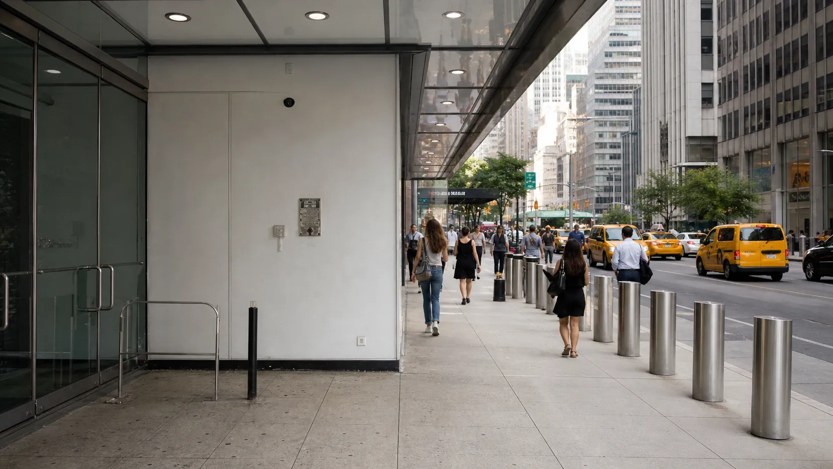 A Midtown Manhattan broadcast district street scene with pedestrians and city traffic.