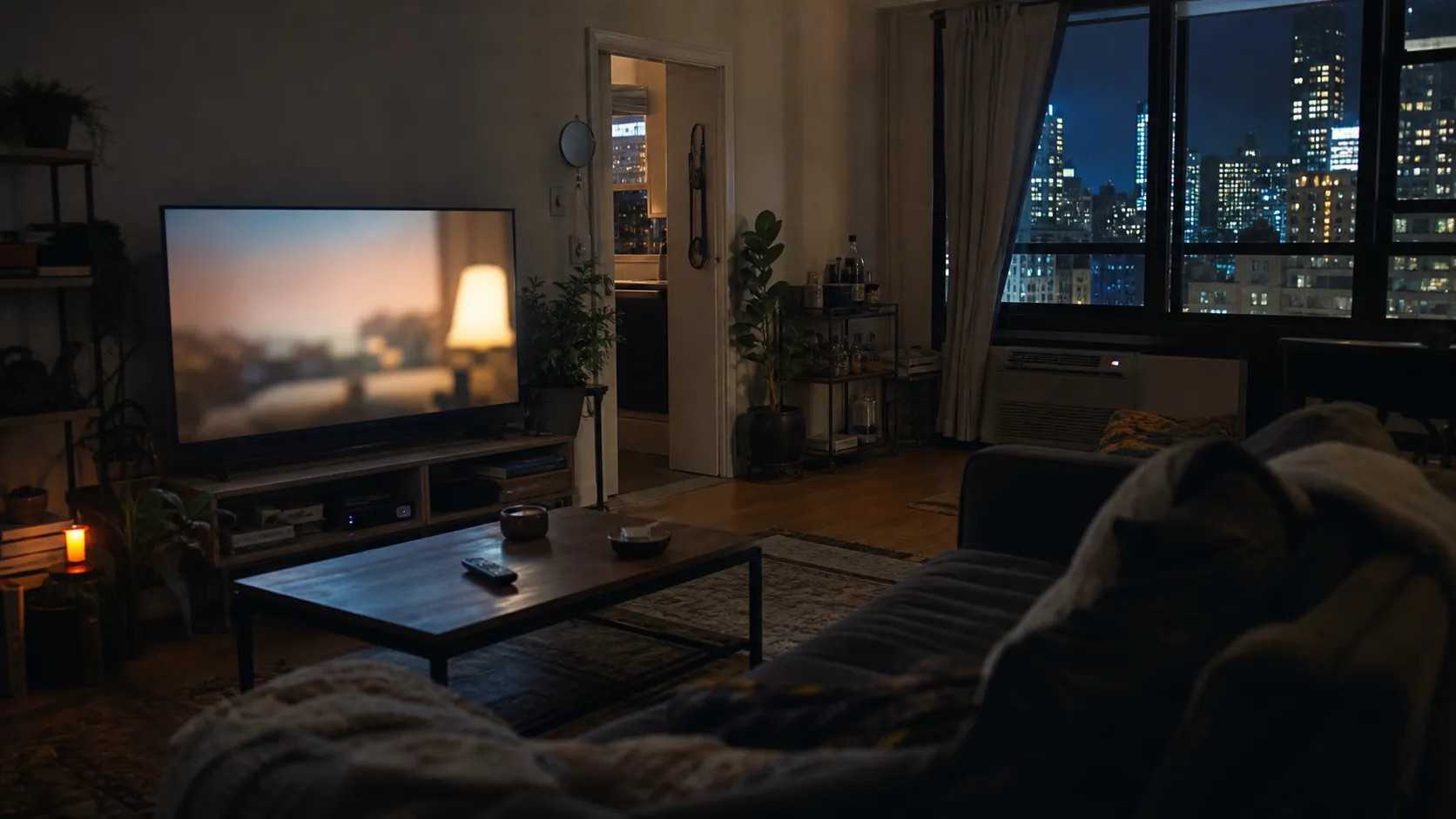 A New York apartment living room set up for a television watch night.