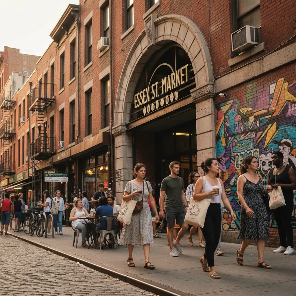 A Lower East Side summer street scene near a public market with brick storefronts.