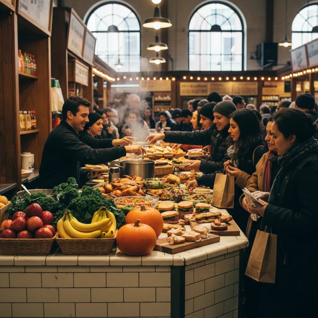 A Lower Manhattan public market counter scene with prepared food and busy lunch light.