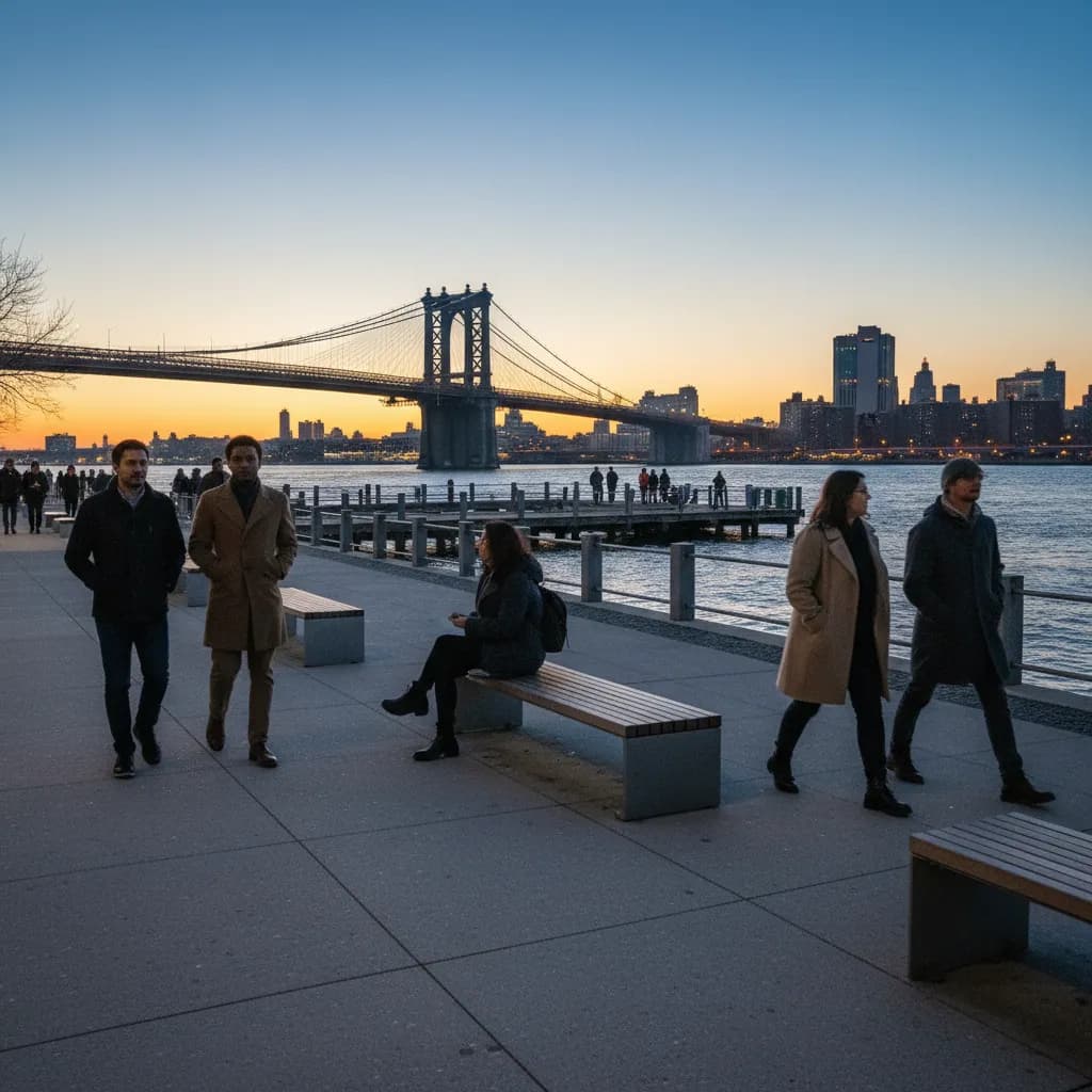 A Lower East Side waterfront walk at dusk with benches and a bridge silhouette.