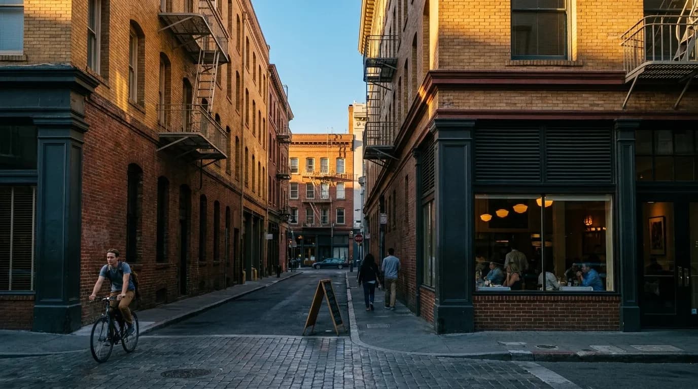 A narrow brick street in the Jackson Square district of San Francisco in late evening light