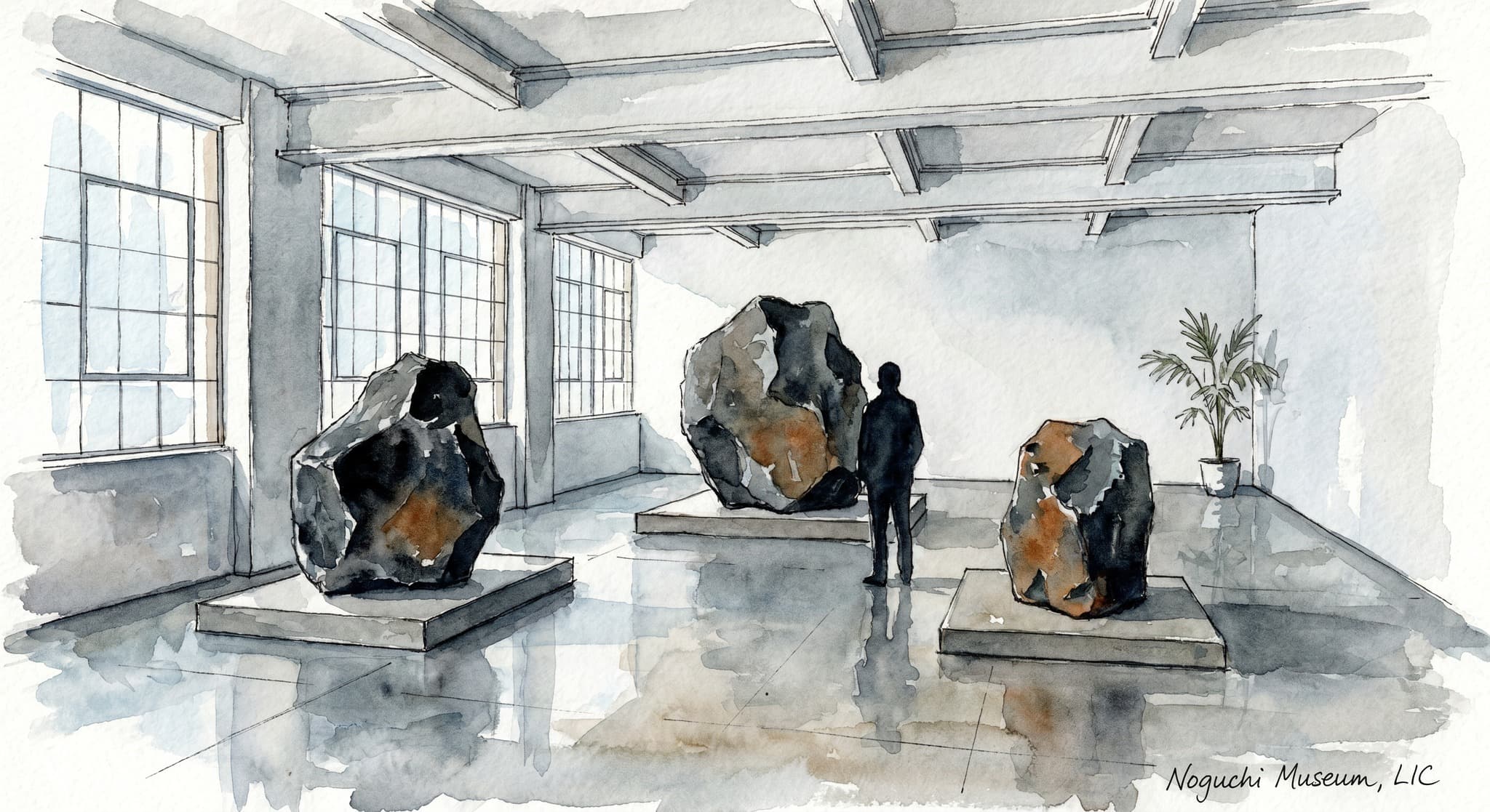 AI-generated watercolor: interior of the Noguchi Museum in Long Island City — austere concrete-floor gallery with three large basalt and granite Isamu Noguchi-style abstract stone sculptures placed on low concrete plinths, tall industrial north-facing windows letting in cool grey daylight from the left, exposed steel I-beams overhead, painted white-grey walls, a single silhouetted visitor standing 10 feet back contemplating the largest stone, polished concrete floor reflecting cool light, sparse plant in the corner