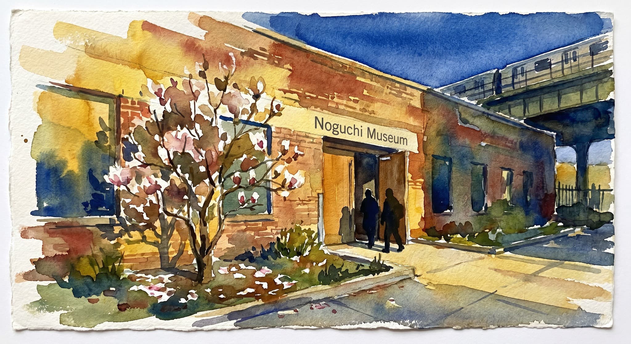 AI-generated watercolor: exterior of the Noguchi Museum in Long Island City Queens on a Friday evening — a low industrial brick building with the museum's name in simple sans-serif above the door, narrow garden with a single magnolia tree just past peak bloom, two silhouetted visitors entering, the elevated 7-train tracks visible in the far upper-right corner of frame, late-afternoon golden light from the west, deep cobalt eastern sky