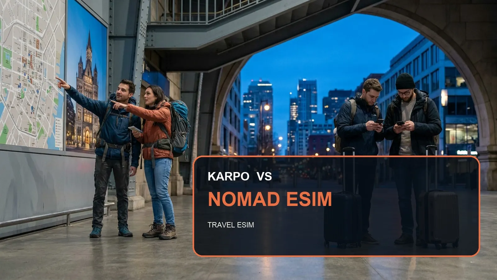 Karpo versus Nomad eSIM in a photorealistic editorial comparison.