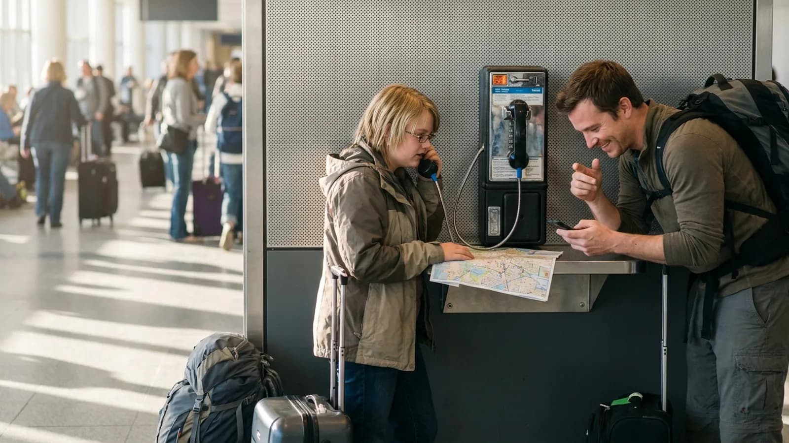 Photorealistic scene showing Karpo coordinating the wider day around Nomad eSIM.