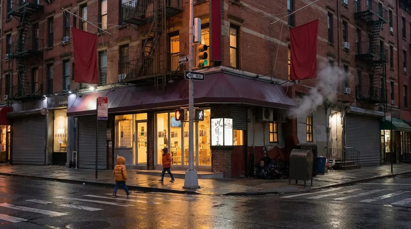A Manhattan Chinatown block on a wet Sunday night with one restaurant still lit