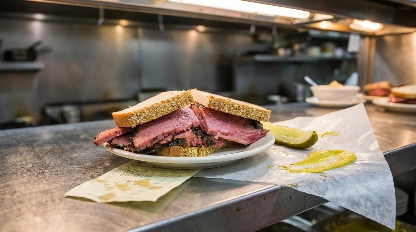 Hand-carved pastrami on rye on waxed paper at a deli counter