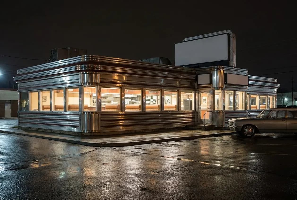 A stainless-and-glass American diner on a corner at three in the morning with chrome banding and a long window of empty lit booths