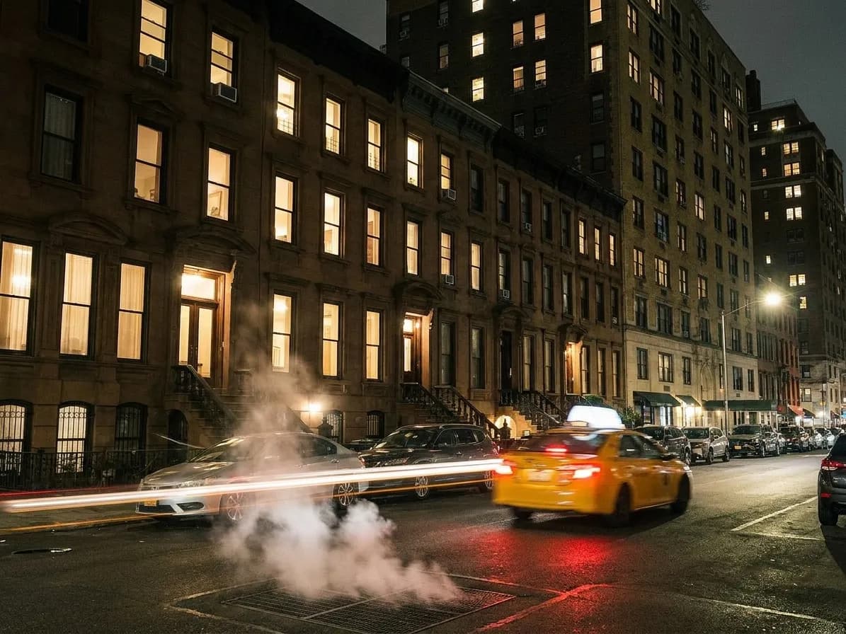 A dense New York block after midnight with stacked multi-storey frontages, lit windows on every floor and steam rising from a grate