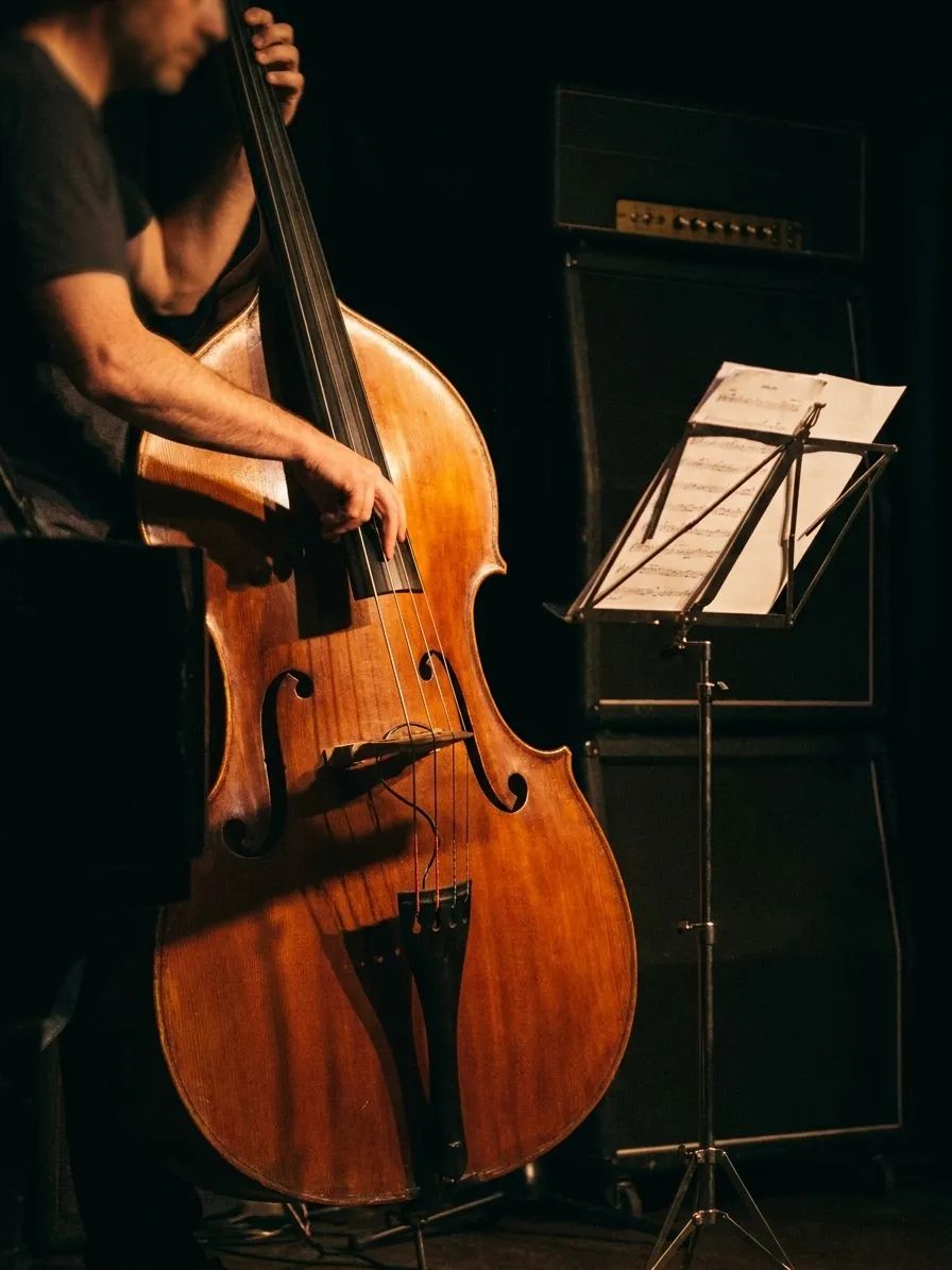 A double bass and a music stand on a small stage seen from the side with the player's hands and forearm in frame under a warm spotlight