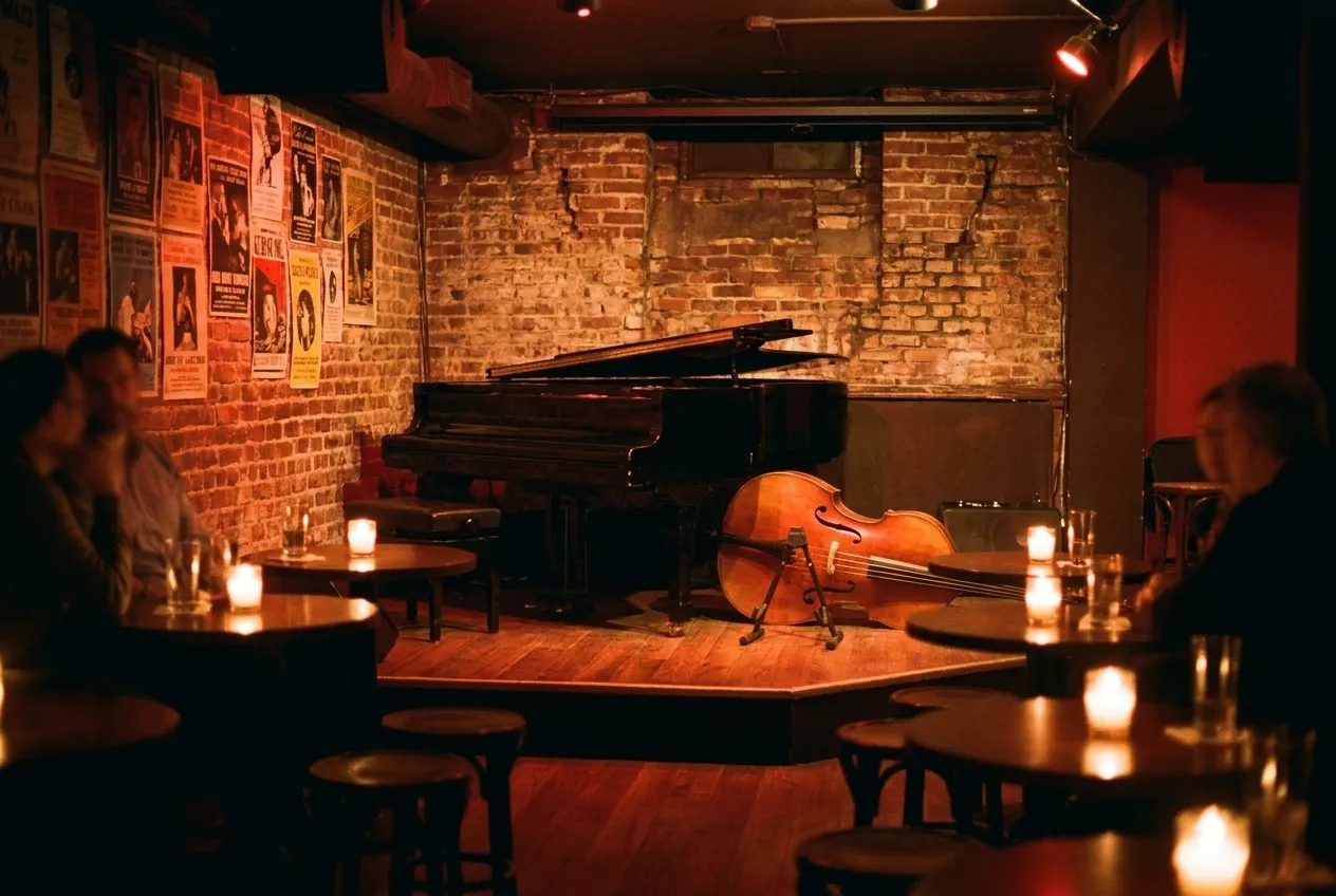 A basement jazz club before the first set with a small stage holding a grand piano and a double bass on its stand beside low candlelit tables