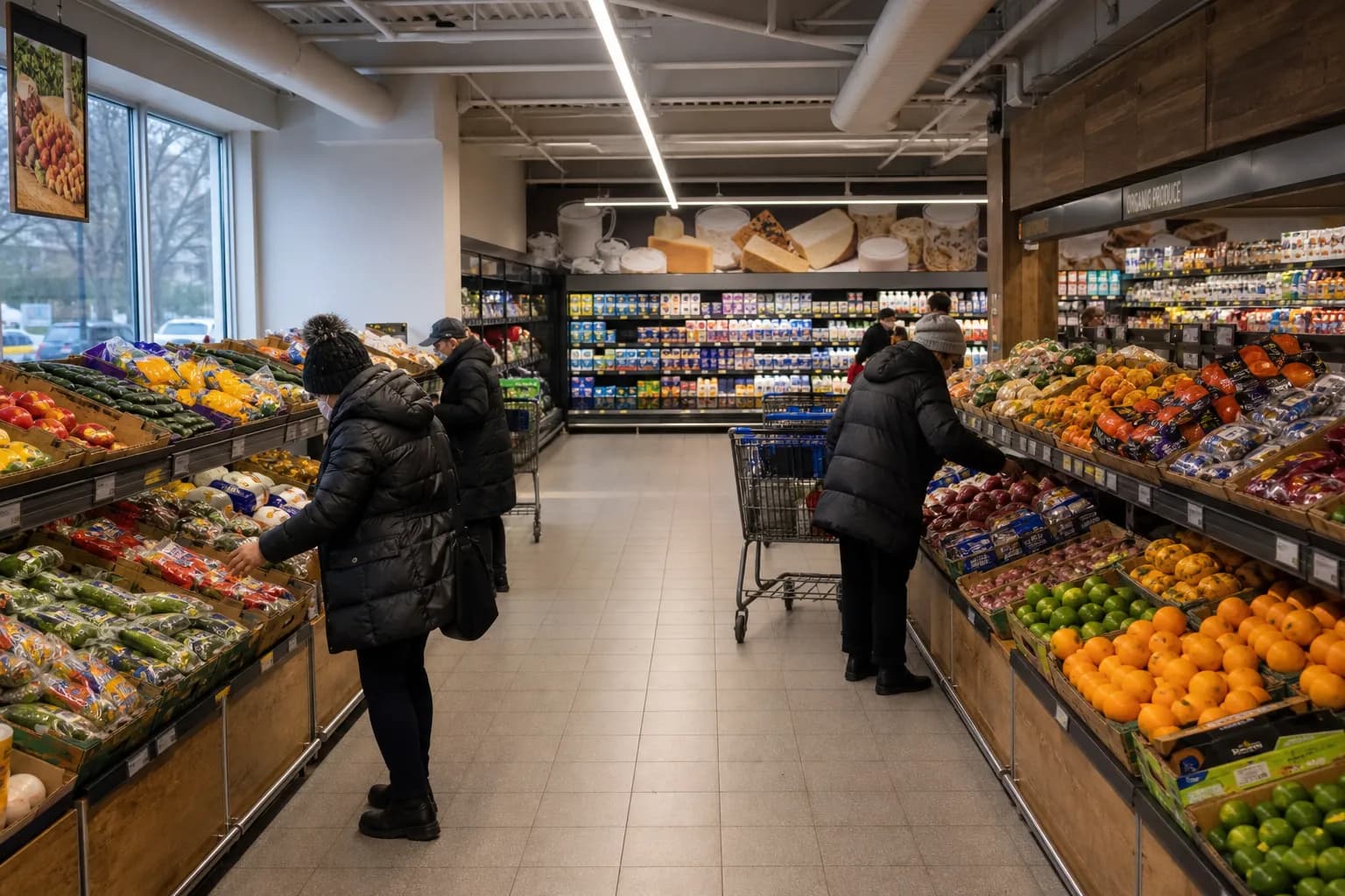 Clean and spacious interior grocery aisles of an Aldi supermarket in Queens, NYC.